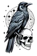 crow perched atop skull with moon and stars intertwined  tattoo design idea
