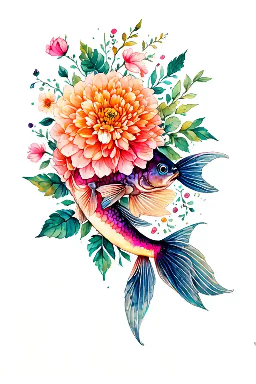 a pike fish made of flowers such as cherry blossom,ranunculus,peonies,dahlias,roses. pink, orange, baige, purple, green, tattoo design idea