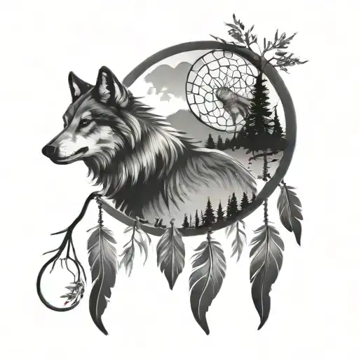 Round dream catcher with realistic wolf howling, silhouette of trees mountains and three small wolf cubs. long feathers  tattoo design idea