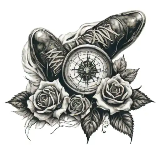 3 baby foot prints with roses and compass sleeve tattoo tattoo design idea
