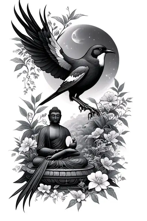 Buddha comet magpie garden scene tattoo design idea