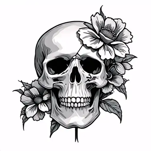 Broken Skull with flowers growing tattoo design idea