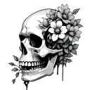 Broken Skull with flowers growing tattoo design idea