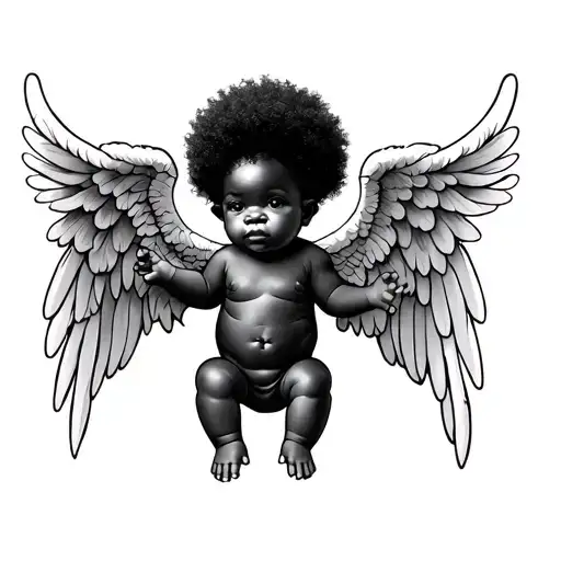 make a black baby angel with afro with wings that are in the shape of a V tattoo design idea