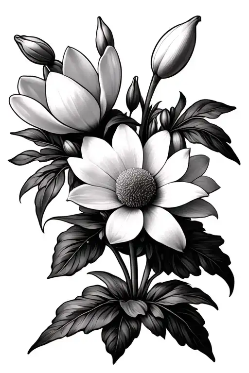 aster flower, snowdrop flor and magnolia flower tattoo design idea