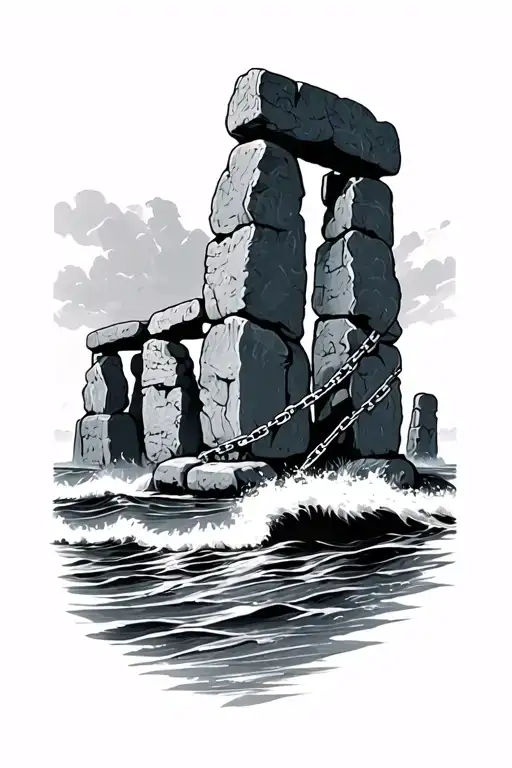 stonehenge and chains and ocean tattoo design idea