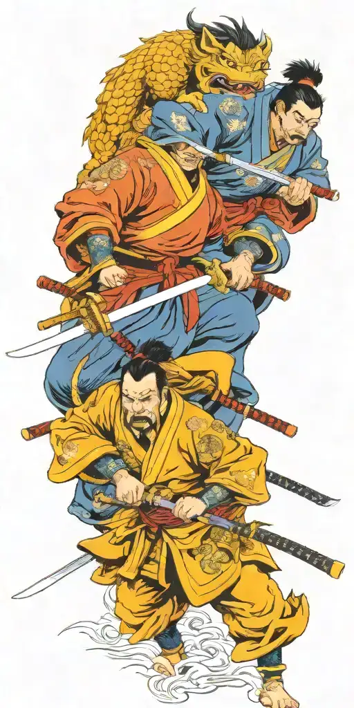 Japanese samurai warriors battling with foo dogs tattoo design idea