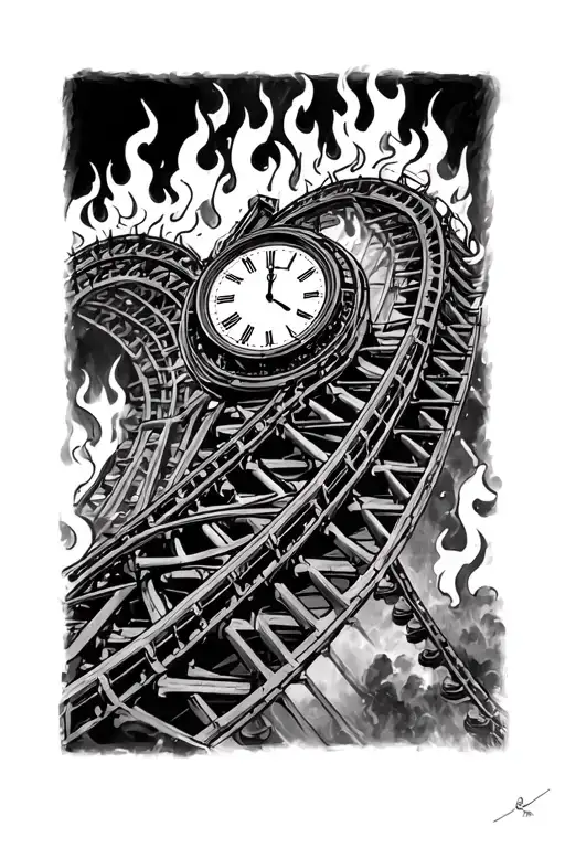 roller coaster on fire with a clock surrounded tattoo design idea