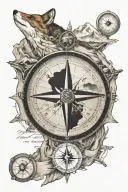 compass replace North with "WB", mountains, a fox, coordinates of Mt. Shermans Peak, map as background tattoo design idea