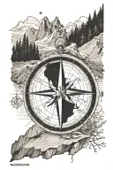 compass replace North with "WB", mountains, a fox, coordinates of Mt. Shermans Peak, map as background tattoo design idea