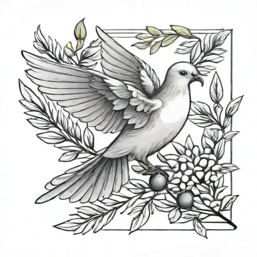 dove carrying an olive branch, dates written on the leaves tattoo design idea