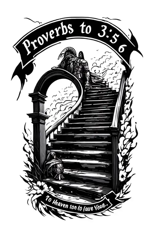 bible verse Proverbs 3:5-6 in cursive with a stairwell to heaven and a gladiator tattoo design idea