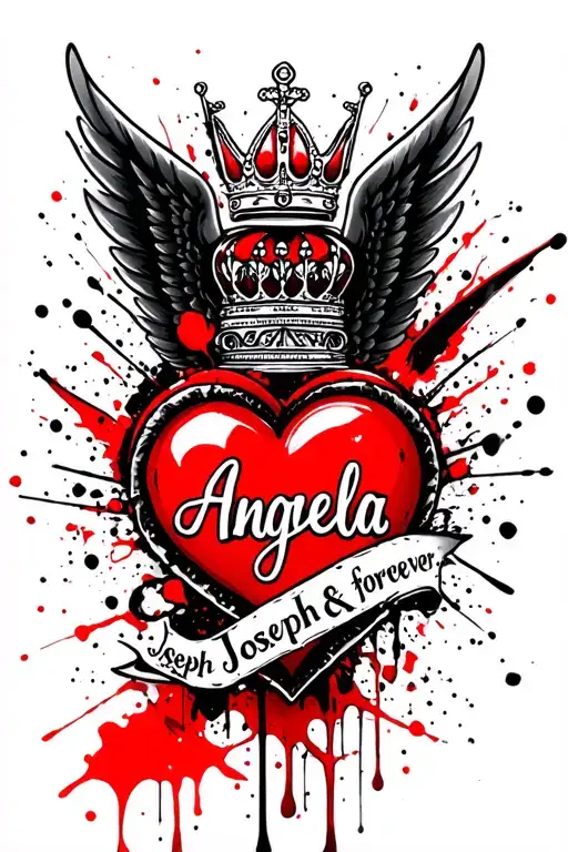 "Joseph &Katie lovers forever " forearm, red love heart with the name Angela inside using a 3d text and a crown on top with a black wing background tattoo design idea