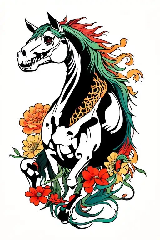 horse with poise and trex skeleton curled tattoo design idea