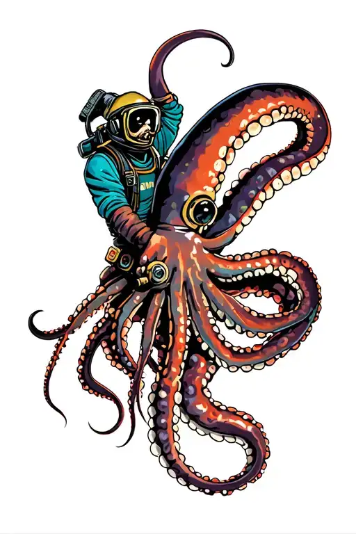 deep sea diver fighting giant squid tattoo design idea