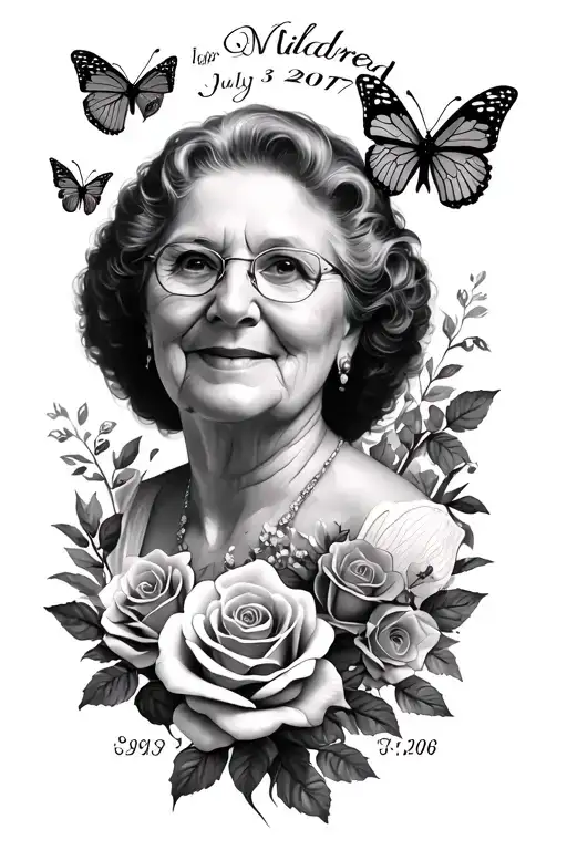 memorial tattoo for grandma her name was Mildred and she passe on July 3 2017 incorporate butterflies and roses tattoo design idea