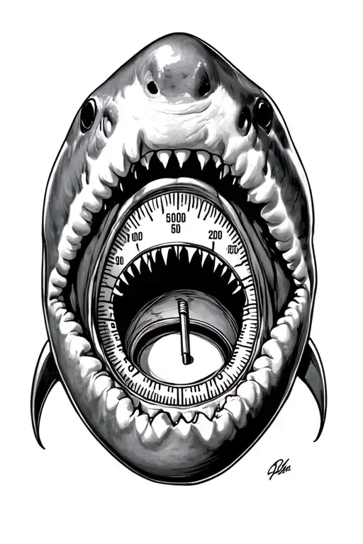 4000psi pressure gauge inside a sharks mouth tattoo design idea