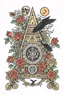 tree,roses,pyramid,waterfall,moon,yinyang,crow,snakes,wales,skull,wheelchair,eyeball,dragon tattoo design idea