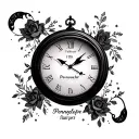 daughter birth clock embedded with name Penelope harper. date of 14th February, 2025 surrounding clock tattoo design idea