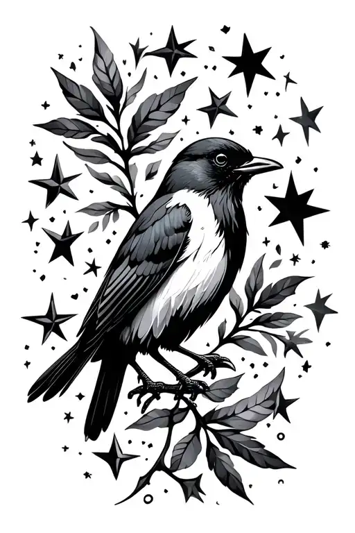 blackbird silhouette 5 point stars tattoo design idea