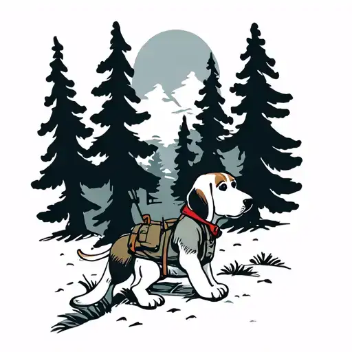beagle scout snoopy hiking with pine trees tattoo design idea