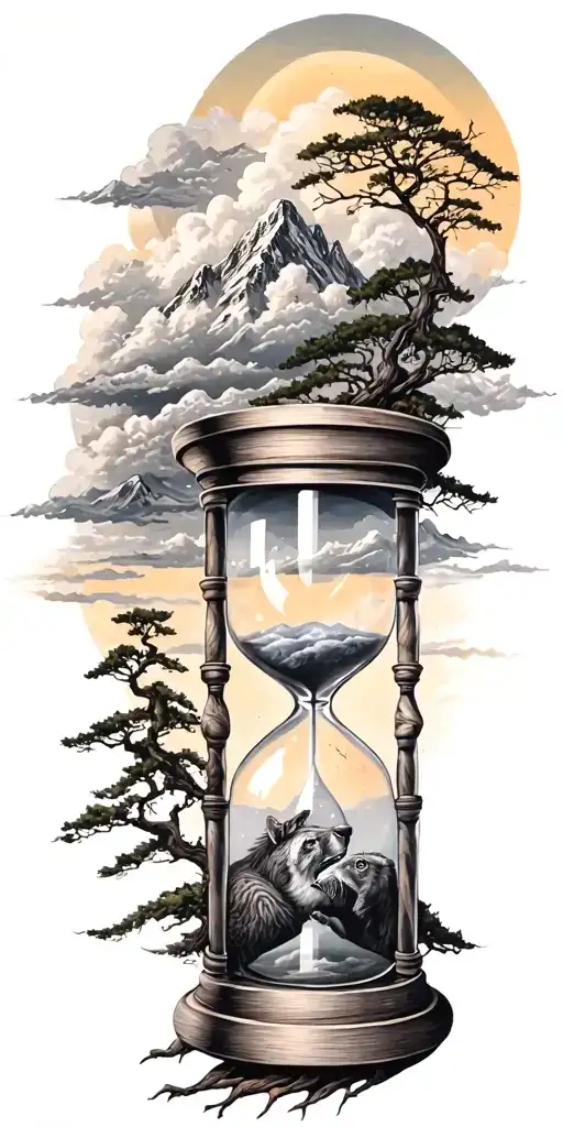 mountains, clouds, animals, hourglass , tree tattoo design idea