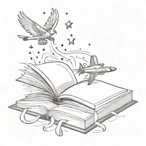 open book with pages turning, hearts, stars, a plane and a champagne flute tattoo design idea