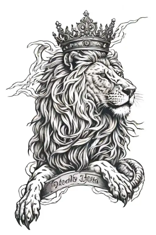 scarred lion of judah with thorne crown with lightning clouds in background  tattoo design idea