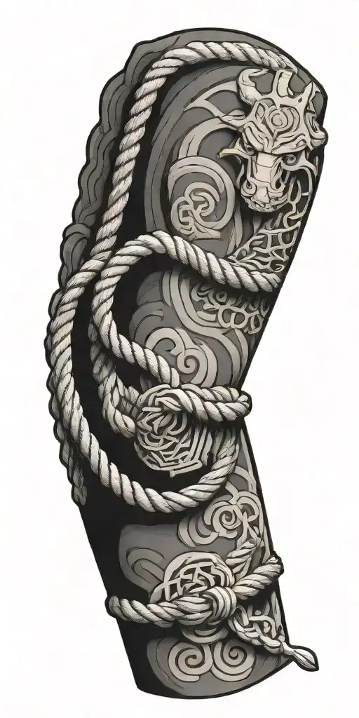 a Japanese rope going around the arm with Japanese omamori amulets  tattoo design idea