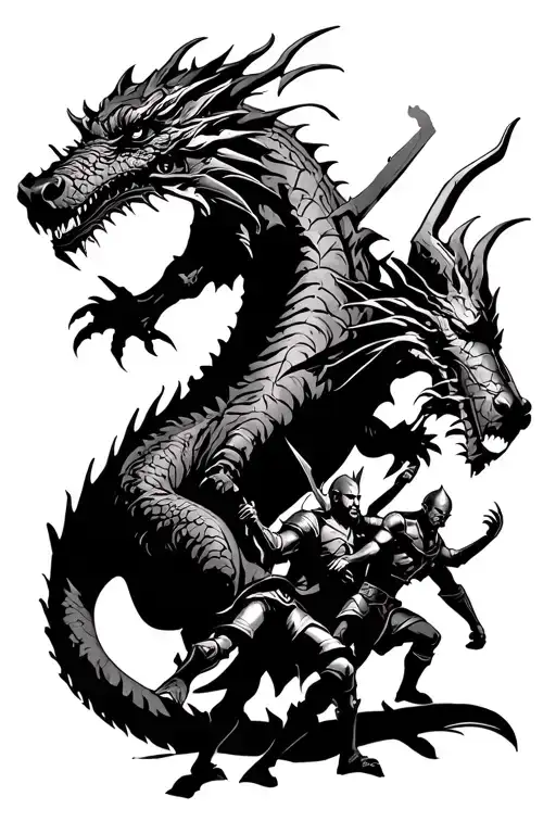 Fantasy Battle Scene with viking, dark elf and knight fighting a dragon  tattoo design idea