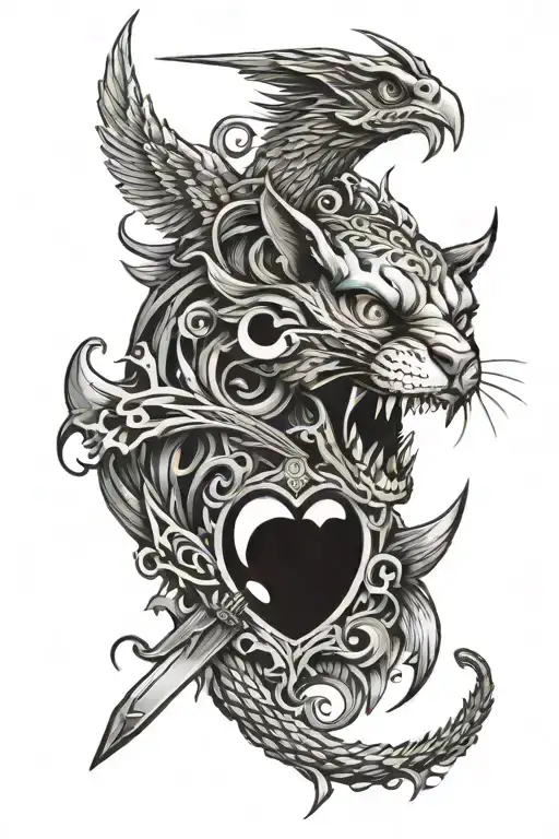 phoenix, cat eyes, snake, skull, sword, claws, heart and brain tattoo design idea