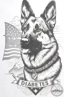 German shepherd portrait bracelet saying "diabetes" mountain scene American flag waving tattoo design idea