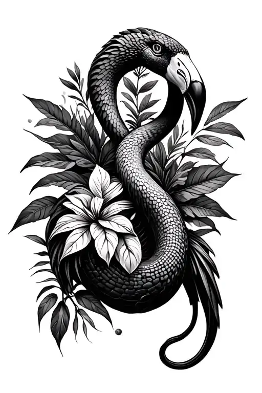 garden, plants, serpant, flamingo, lust, pride, wrath, envy tattoo design idea
