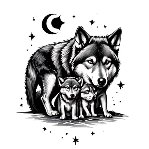 moon stars male wolf female wolf two cubs tattoo design idea