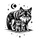 moon stars male wolf female wolf two cubs tattoo design idea