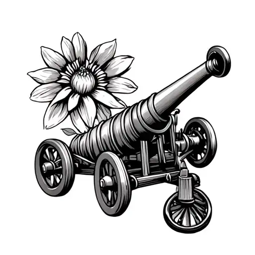 4 wheel cannon with a chaconia flower above it and a steel pan instrument next to it like a sun  tattoo design idea