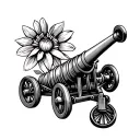 4 wheel cannon with a chaconia flower above it and a steel pan instrument next to it like a sun  tattoo design idea