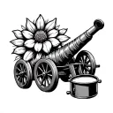 4 wheel cannon with a chaconia flower above it and a steel pan instrument next to it like a sun  tattoo design idea