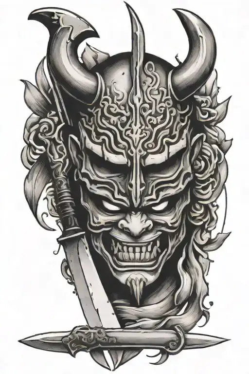 butcher knife and oni mask split in half tattoo design idea
