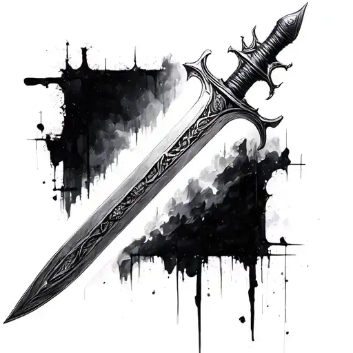 Realistic tattoo, in elongated and vertical shape, perfect for the neck. The image must show a sword tattoo design idea