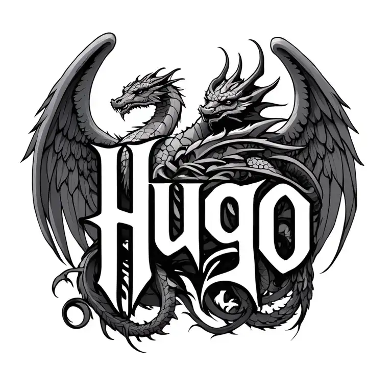 "Hugo" "Hugo" angel and dragon from tribal design between shoulder blades tattoo design idea