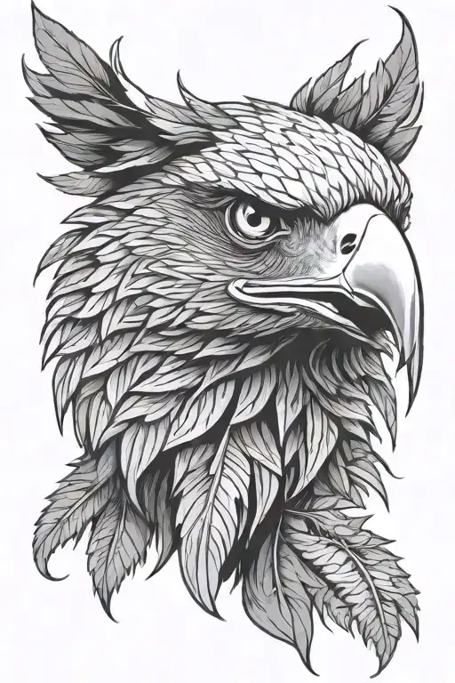 Layered eagle head portrait. Inner feathers detailed, outer feathers shaped like cannabis leaves, radiating outwards. tattoo design idea