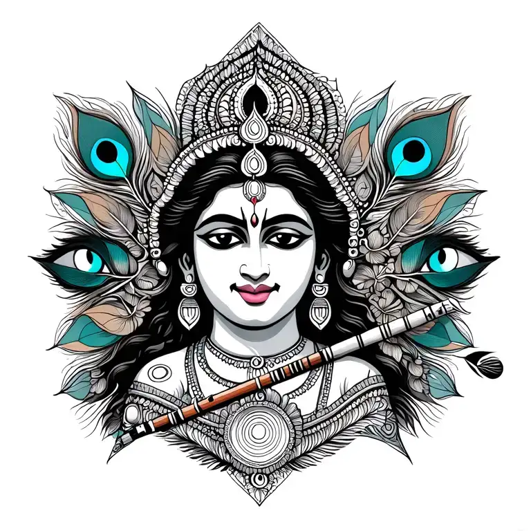 A tattoo based to load krishna , his flute, his peacock feather, and eyes,and surdarsana chakra tattoo design idea