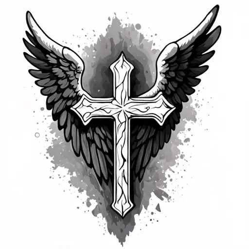 3D shaded cross spaced out in the middle of  virtues angel wings  tattoo design idea