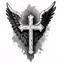 3D shaded cross spaced out in the middle of  virtues angel wings  tattoo design idea