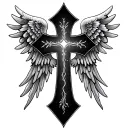 3D shaded cross spaced out in the middle of  virtues angel wings  tattoo design idea