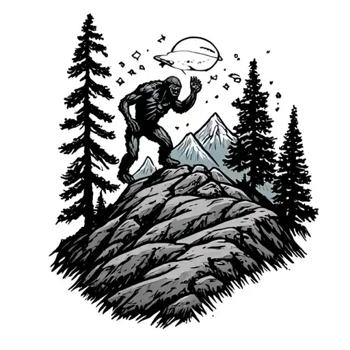 aliens and bigfoot roaming a mountain in the night with wildlife all around  tattoo design idea