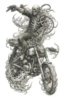 Make a full sleeve composed with flames, a motorcycle, a family of 3, fuck cancer and a boat anchor tattoo design idea