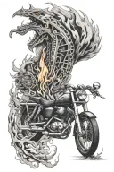Make a full sleeve composed with flames, a motorcycle, a family of 3, fuck cancer and a boat anchor tattoo design idea