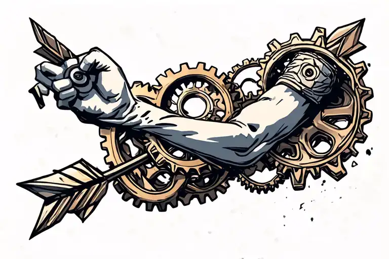 forearm tattoo with gears and arrow tattoo design idea